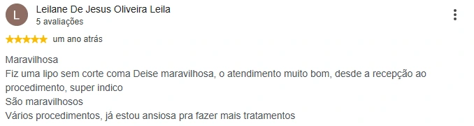 Captura da avaliação de Leilane de Jesus Oliveira Leila no perfil do Google da Slim Center Mooca