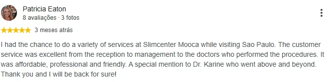 Captura da avaliação de Patricia Eaton no perfil do Google da Slim Center Mooca
